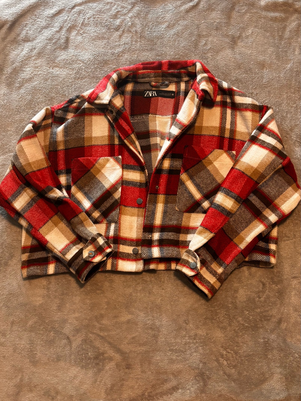 ZARA Plaid Button-Up Shirt Jacket in Red, Tan & Black